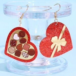 Red Heart Shaped Earrings with Chocolates Design